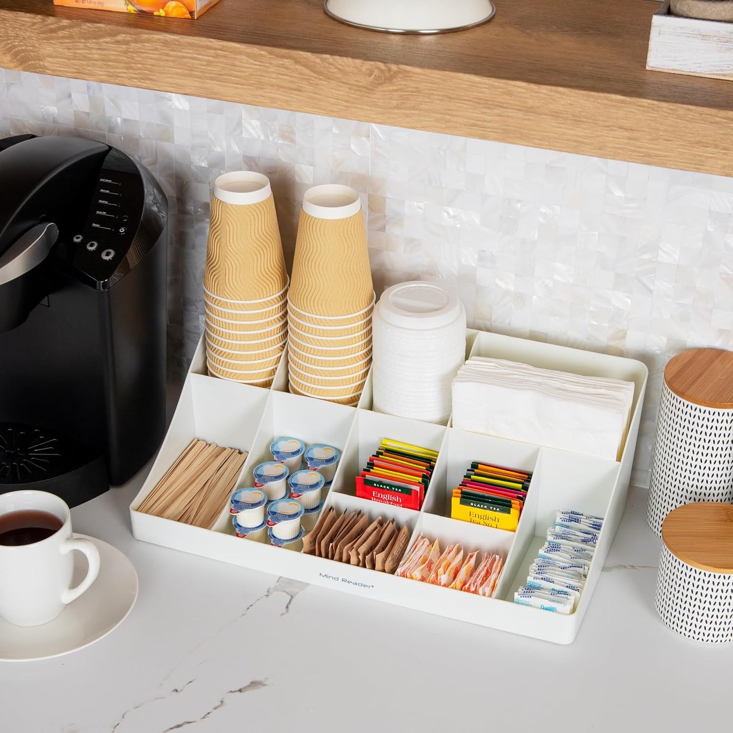 Mind Reader Cup and Condiment Station, Countertop Organizer, Coffee Bar, Kitchen, Stirrers, 17.875"L x 9.5"W x 6.625"H, White