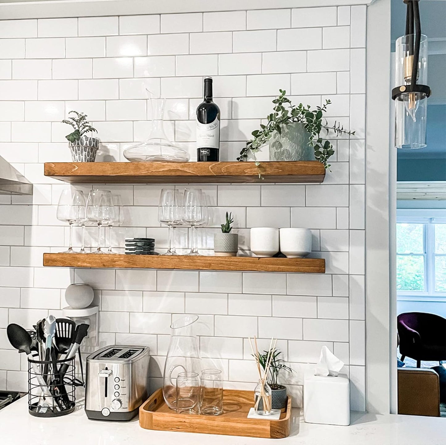 URBANDI, Rustic Floating Shelves, Set of 2, Hidden Bracket, Solid Wood, Heavy Duty, Wall Mounted Shelves, (Brown, 12Wx6D)