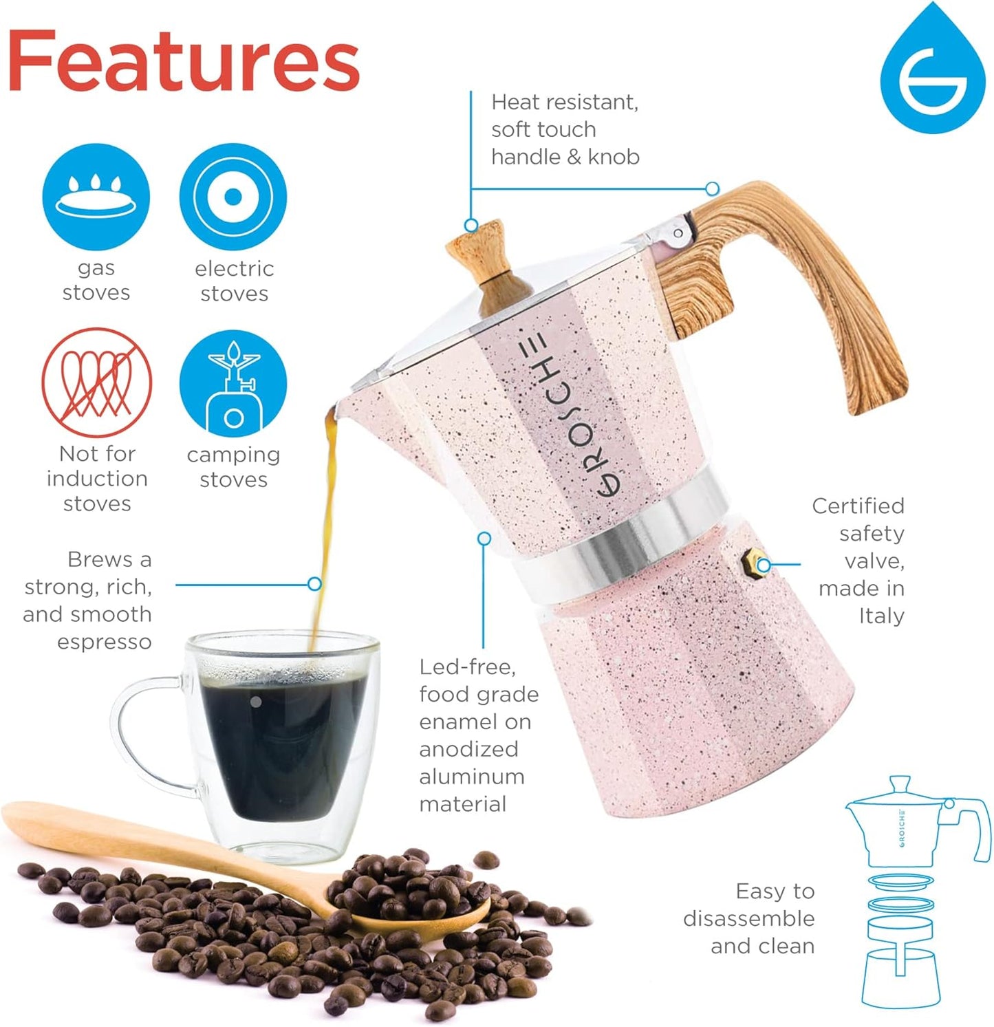 GROSCHE Milano Moka pot, Stovetop Espresso maker, Greca Coffee Maker, Stovetop coffee maker and espresso maker percolator (Pink, 3 cup)