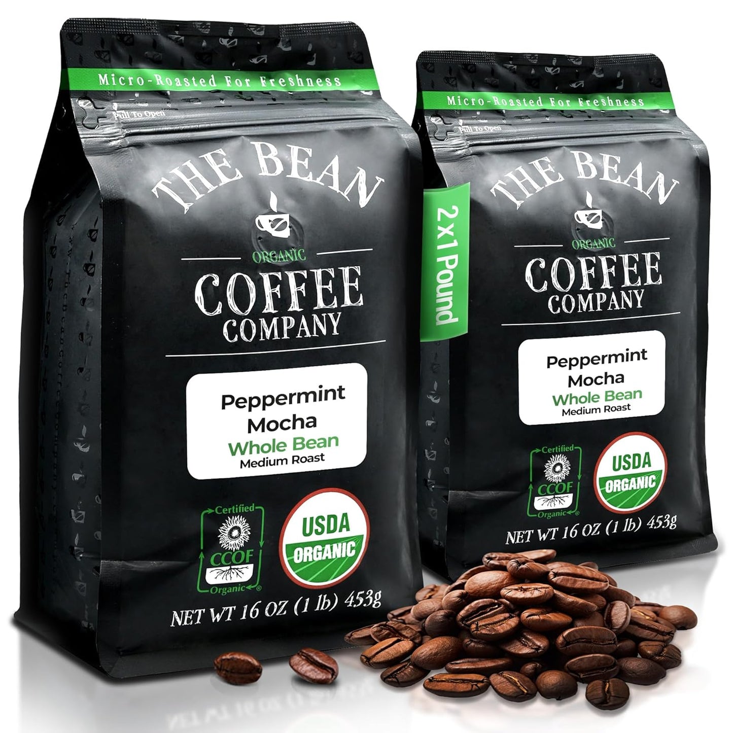 The Bean Organic Coffee Company Peppermint Mocha, Medium Roast, Whole Bean Coffee, 16-Ounce Bags (Pack of 2)