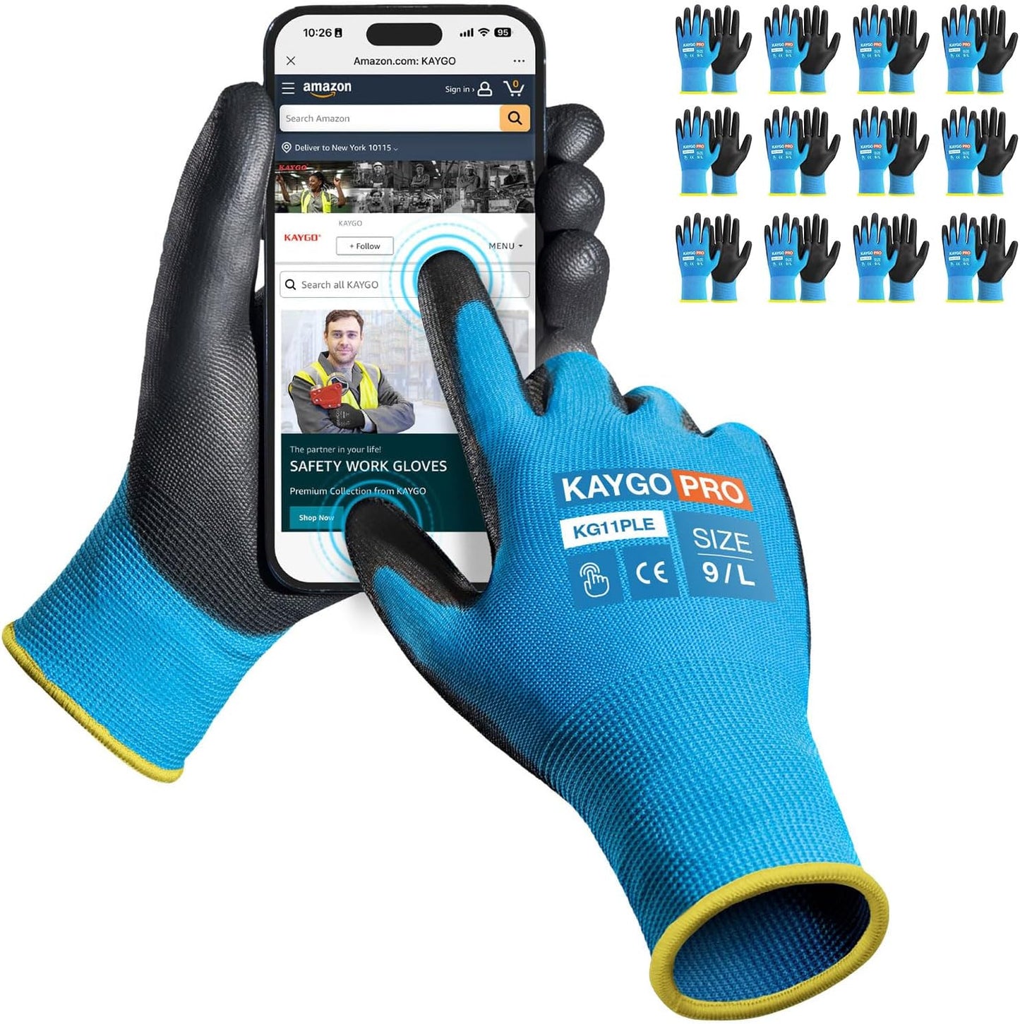 KAYGO Safety Work Gloves PU Coated for Men and Women- KG11P,12 Pairs,Seamless Knit Glove with Two Fingers Touchscreen,Ideal for General Duty Work (Blue,L)