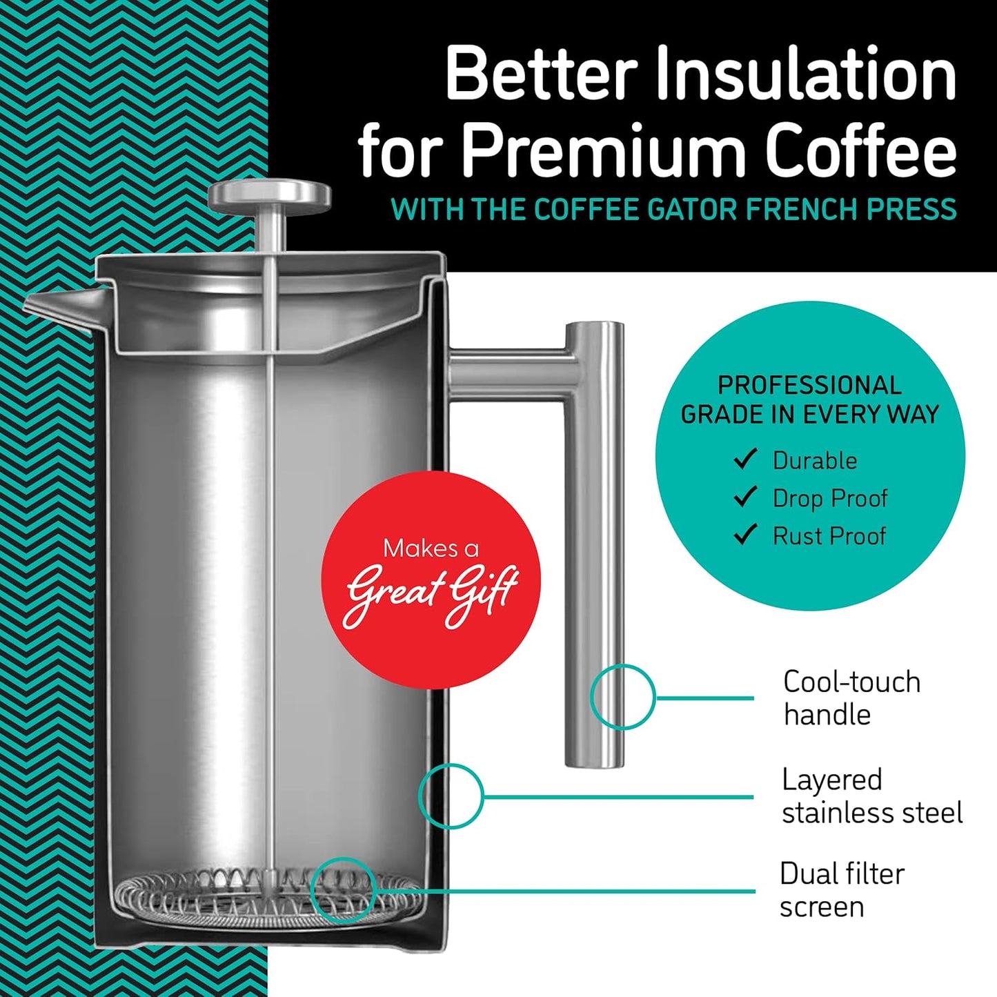 Coffee Gator French Press Coffee Maker 34oz, Double Insulated Stainless Steel Brewer plus Travel Jar Canister, Portable Hot Cold Brew Tea Cafetera for Coffee Bar Accessories Kitchen Camping, Black