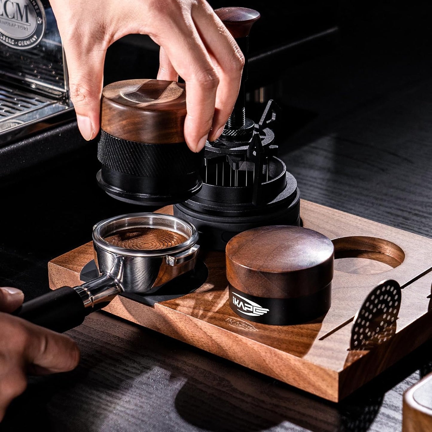 IKAPE 53MM Espresso Tamper, New Wooden Handle Design，Premium Barista Coffee Calibrated Tamper with Spring Loaded, 100% Stainless Steel Tamper Compatible with All 54MM Bottomless Portafilter