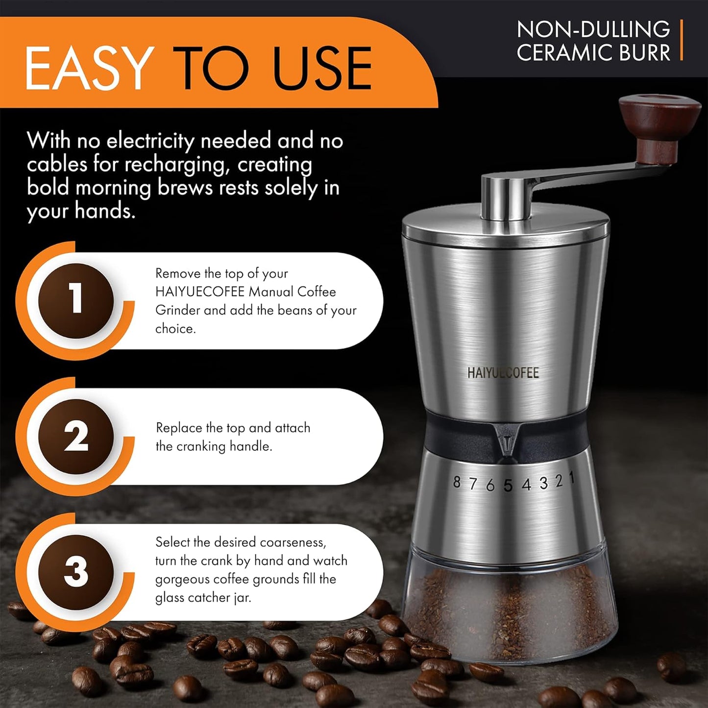 Manual Coffee Grinder with 8 Adjustable Coarseness Settings, Hand Crank Coffee Mill with Ceramic Burr for Espresso Beans, French Press, Pour Over, Drip Coffee – Rustproof, Non-Dulling