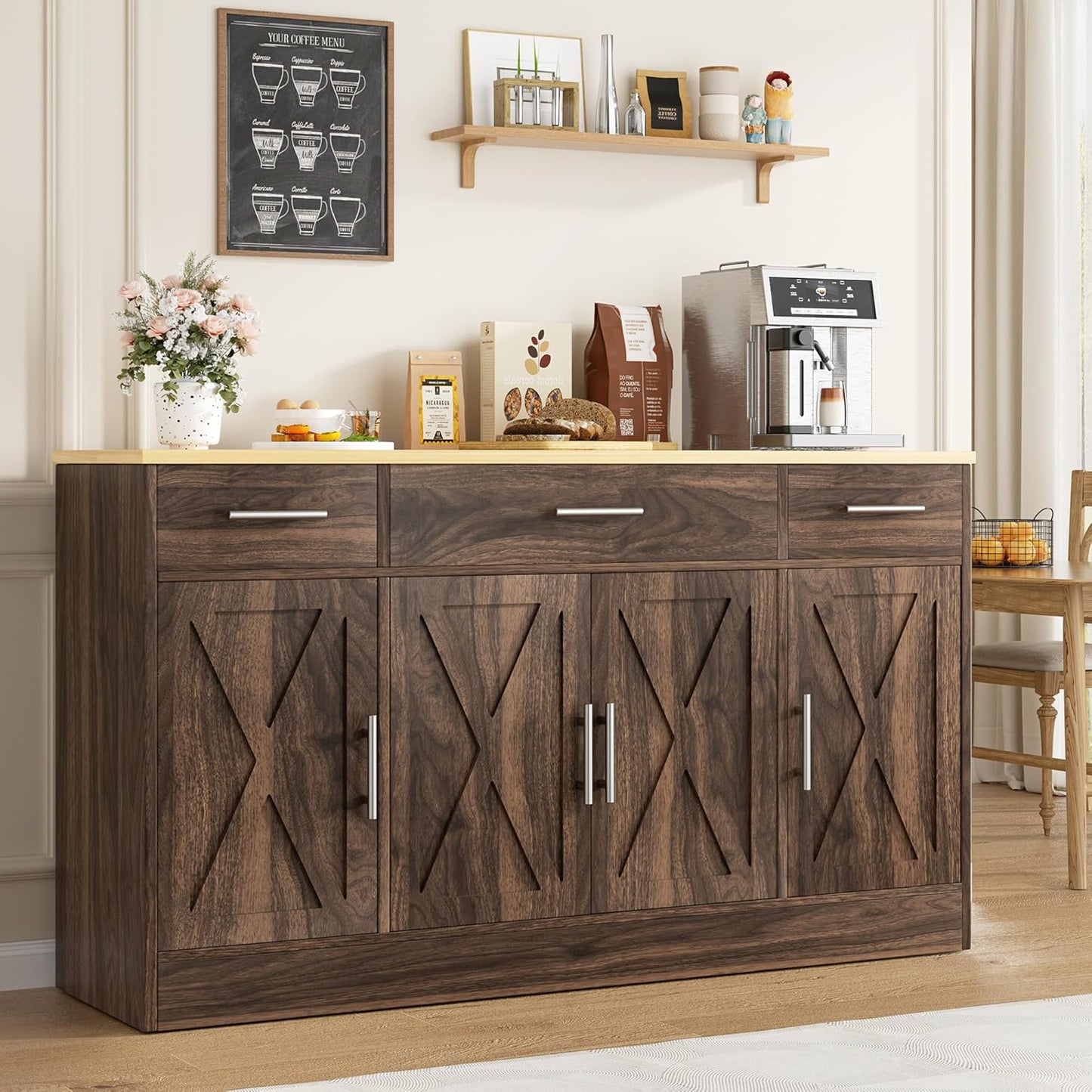 Vongrasig 53' Large Sideboard Cabinet with 4 Doors and 3 Drawers, Farmhouse Buffet Table Coffee Bar Kitchen Storage Cabinet, Wood Cabinet for Kitchen, Dining Room, Rustic Brown