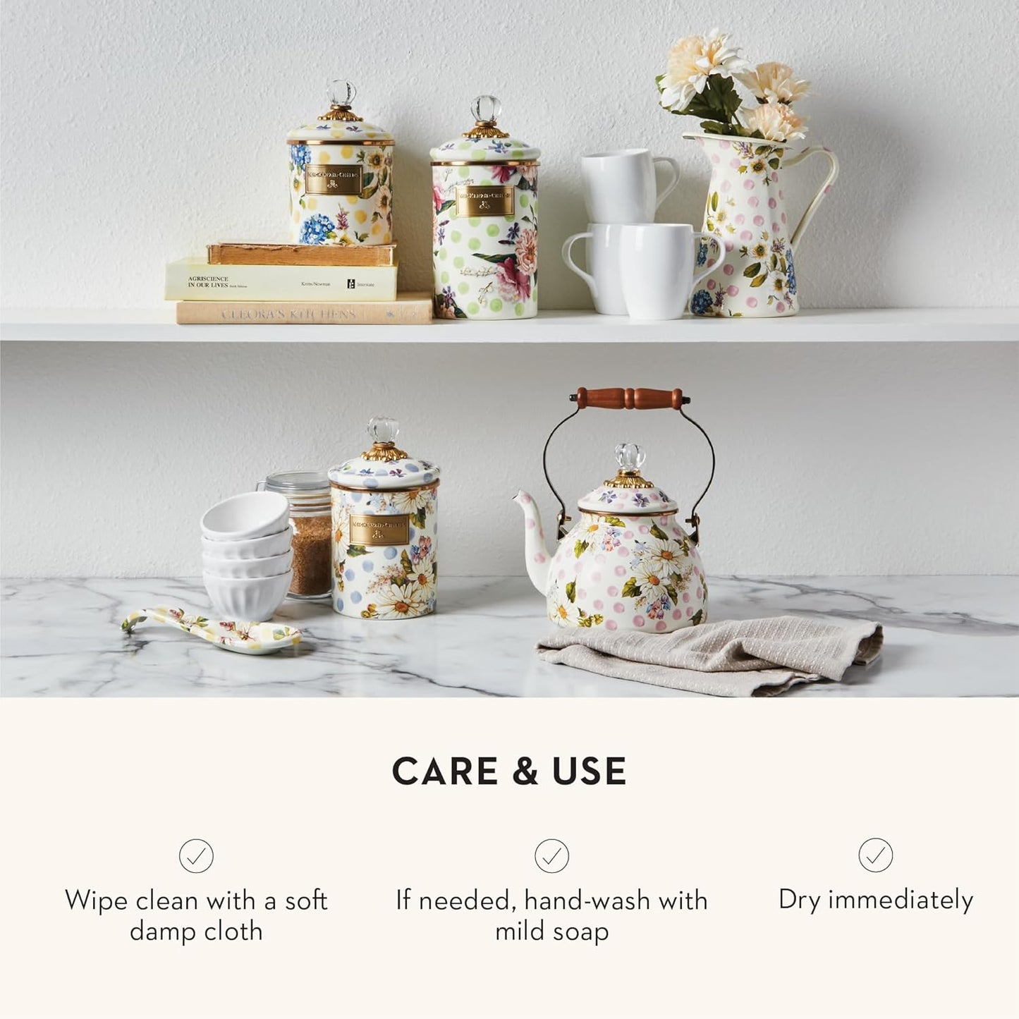 MACKENZIE-CHILDS Wildflowers Enamel Canister, Floral Kitchen Storage Container with Lid, Small