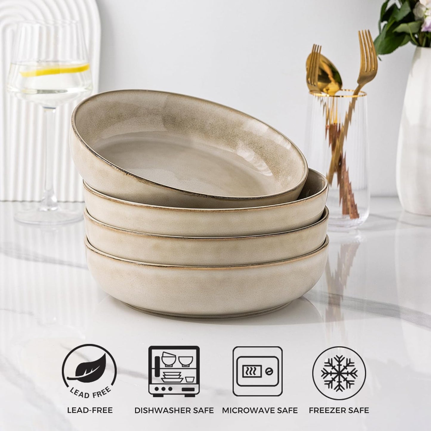 GBHOME 9'' Large Ceramic Pasta Bowls, 38oz Stoneware Pasta Serving Bowls Set of 4 for Kitchen, Wide Bowls for Fruit,Pasta,Salad,Oatmeal,Meal, Microwave Safe, Reactive Glaze-Cappuccino
