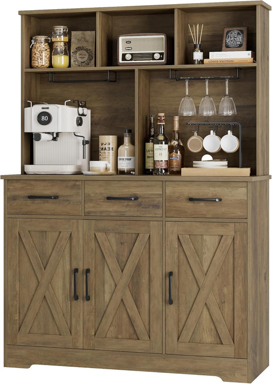 HOSTACK Buffet Cabinet with Hutch, Modern Farmhouse Kitchen Buffet Sideboard Storage Cabinet with 3 Drawers, Barn Door Coffee Bar Station for Dining Room, Living Room, Rustic Brown