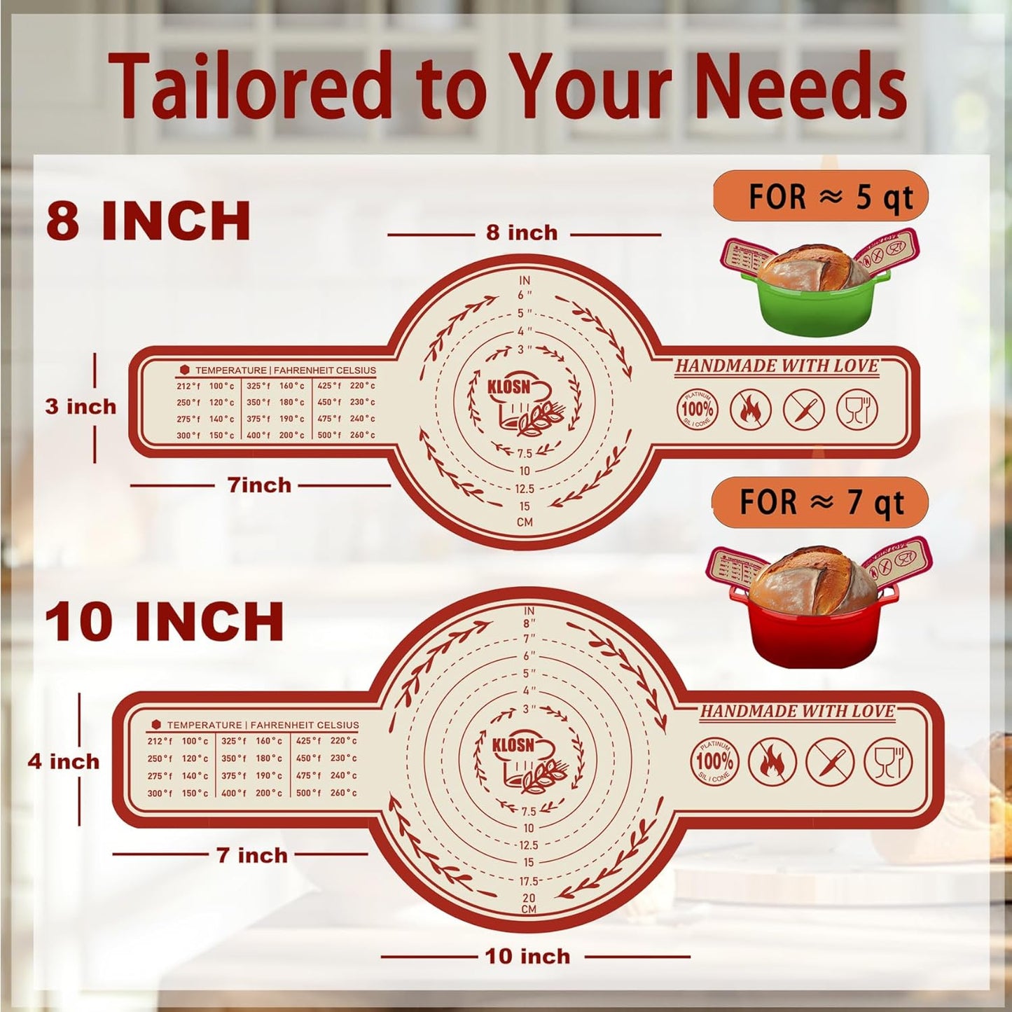 Large Silicone Bread Sling for Dutch Oven, 2 Pack (10" Round) – Non-Stick & 500°F Heat Resistant Sourdough Mat, Easy to Clean, Reusable Food-Grade Sourdough Sling – Fits 7 qt and up Dutch Ovens