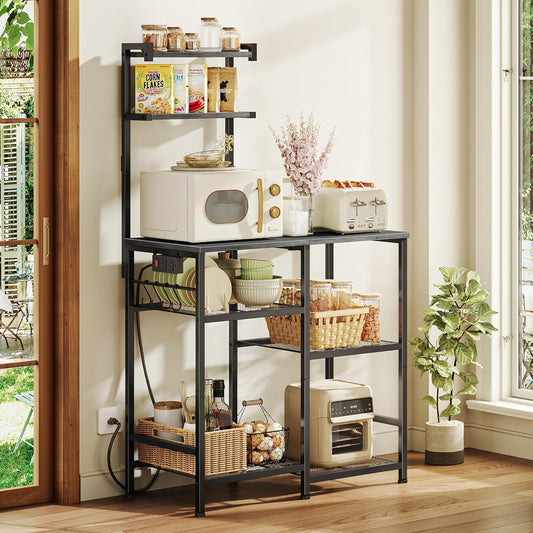 Huuger 31.5 Inch Bakers Rack with Power Outlets, Kitchen Microwave Stand with Storage, Coffee Bar with 4 Hooks, 3-Level Height Open Shelves, Grey