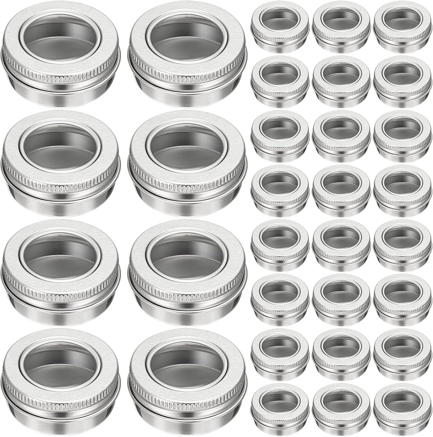 Zubebe 100 Pcs Aluminum Tin Jar Refillable Containers Clear Top Screw Lid Round Tin Container Bottle for Cosmetic, Cream, Diamond Painting, Salves, Balms, Lip Balm, Spices or Others, Silver (2 oz)