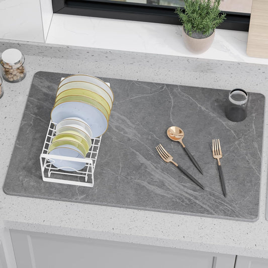 Large Stone Drying Mat for Kitchen Counter, 24" ¡¿ 16" Diatomite Dish Drying Mat, Quick Dry Stone Mats, Ultra Absorbent Natural Diatomaceous Earth Mats for Dished, Bottles, Black Marble