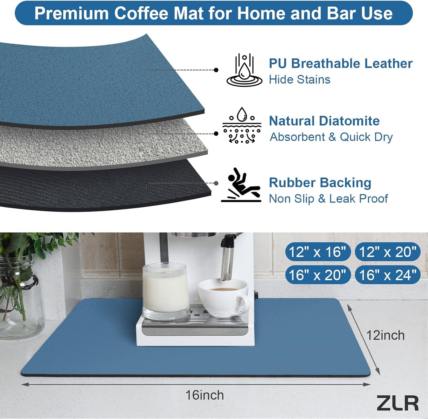 ZLR Coffee Mat - 12" x 16" Small Kitchen Hide Stain Absorbent Dish Drying Mat for Countertop - Easy to Clean Coffee Bar Mat for Espresso Machine and Spill Protection - Navy Blue