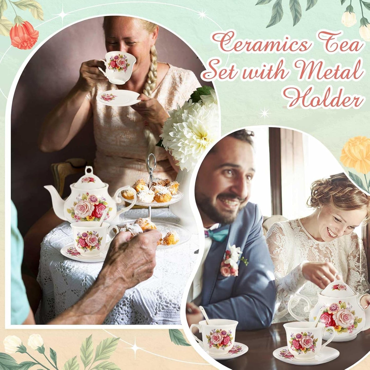 Zhehao 20 Pcs Porcelain Tea Set with Metal Holder and Spoon Adult Ceramic Tea Party Set European Flower Painting Teapot Cup Saucer Spoon for Women, Large Version(Modern Style)