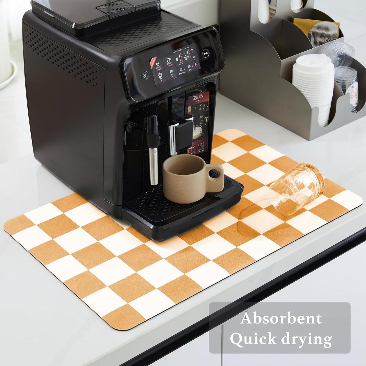 Checkered Dish Drying Mat for Kitchen Counter, Coffee Bar Station Accessories, Retro Cute Aesthetic Modern Absorbent Drainer Mat Kitchen Drying Mat Easy Clean, Orange 16" x 24"
