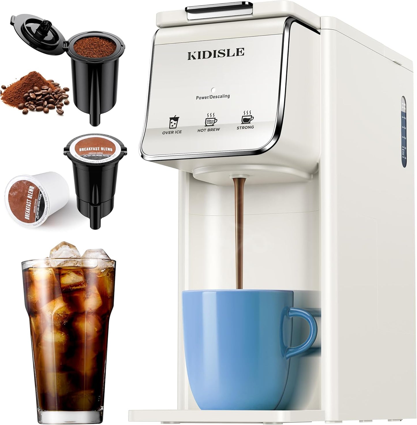 Hot & Iced Coffee Maker for K-Cups & Ground Coffee, Single-Serve Brewer with Bold Setting, Reusable Filter, Travel Mug Friendly, Compact & Quick Brew, White