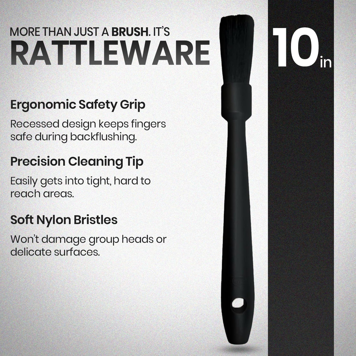 Rattleware 10" Black Espresso Machine Grinder Brush - Ideal For Home, Cafe, Restaurant, or Hotel - Long Durable Handle Coffee Grinder Cleaning Brush Trusted By Baristas