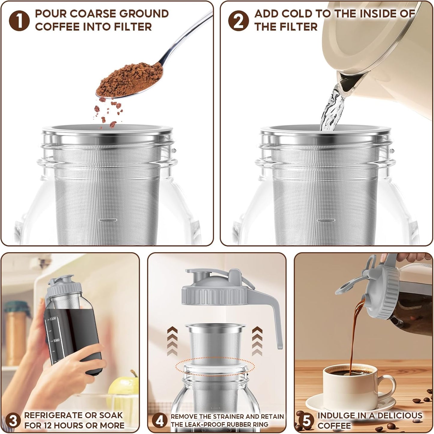 Cold Brew Coffee Maker Jar - 2 Pack 64 oz Glass Cold Brew Maker with Handle, Stainless Steel Filter & Leak-Proof Lid, Heavy Duty Cold Brew Pitcher for Iced Coffee, Sun Tea, and Milk