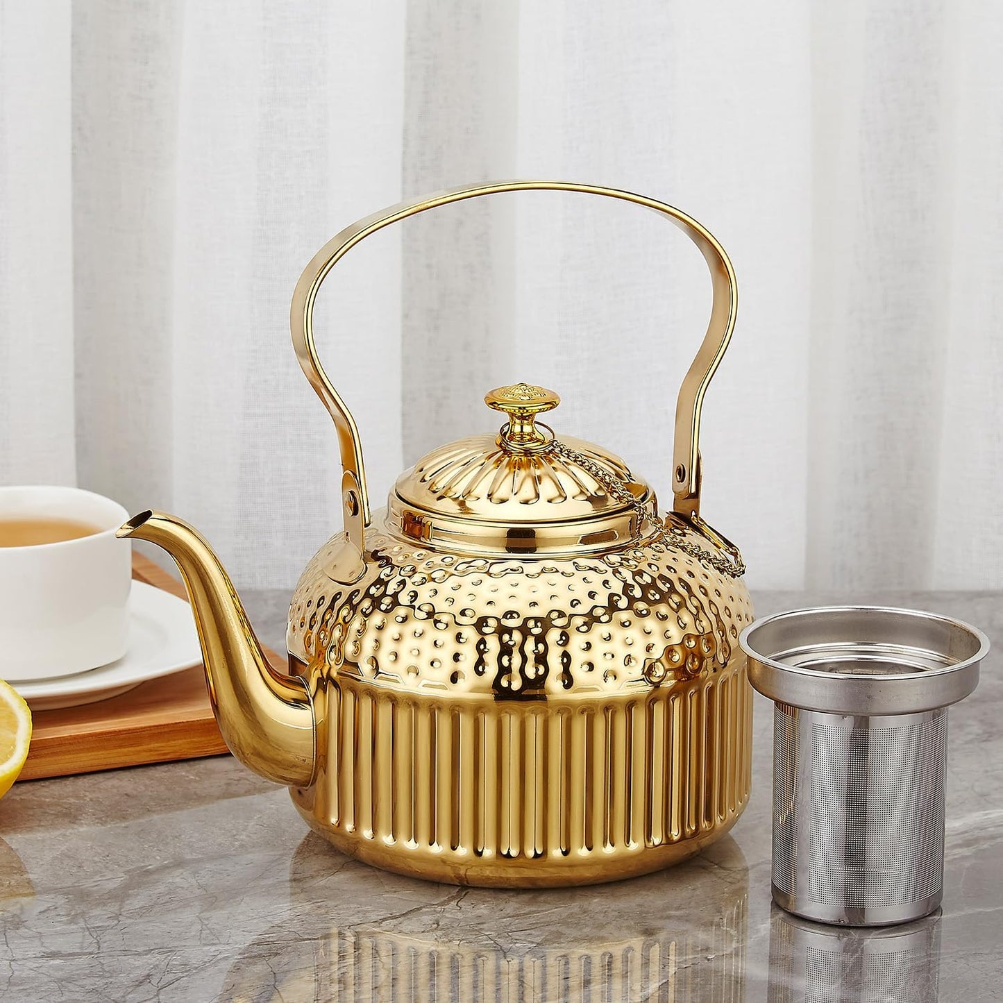 SANQIAHOME Antique 1.2L (40Oz) Stainless Steel Teapot with Infuser Gold