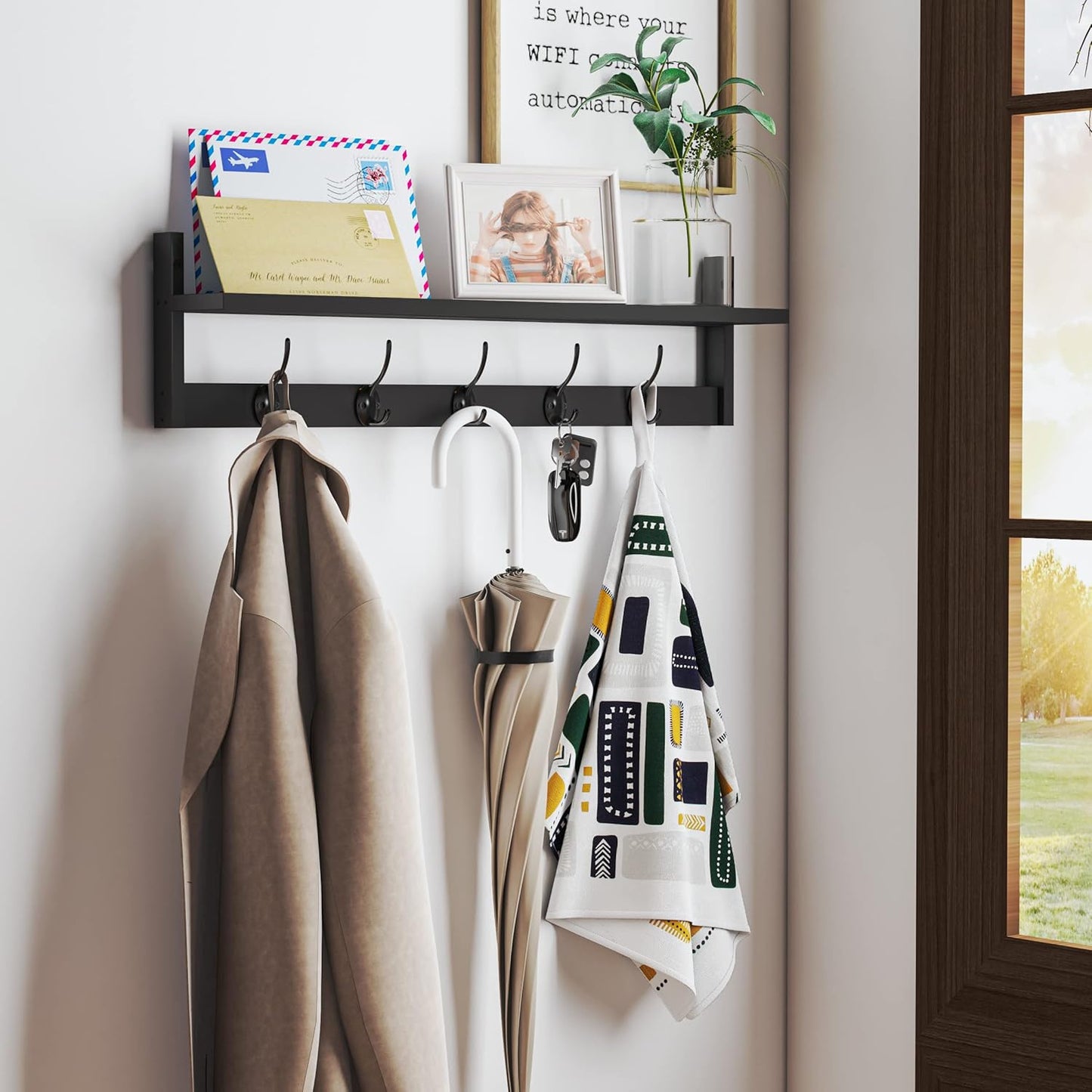 BAMEOS Wall-Mounted Shelf with Hooks - 28.9 Inch Entryway Hanging Shelf with 5 Dual Hooks for Bathroom, Living Room, Bedroom (Black)