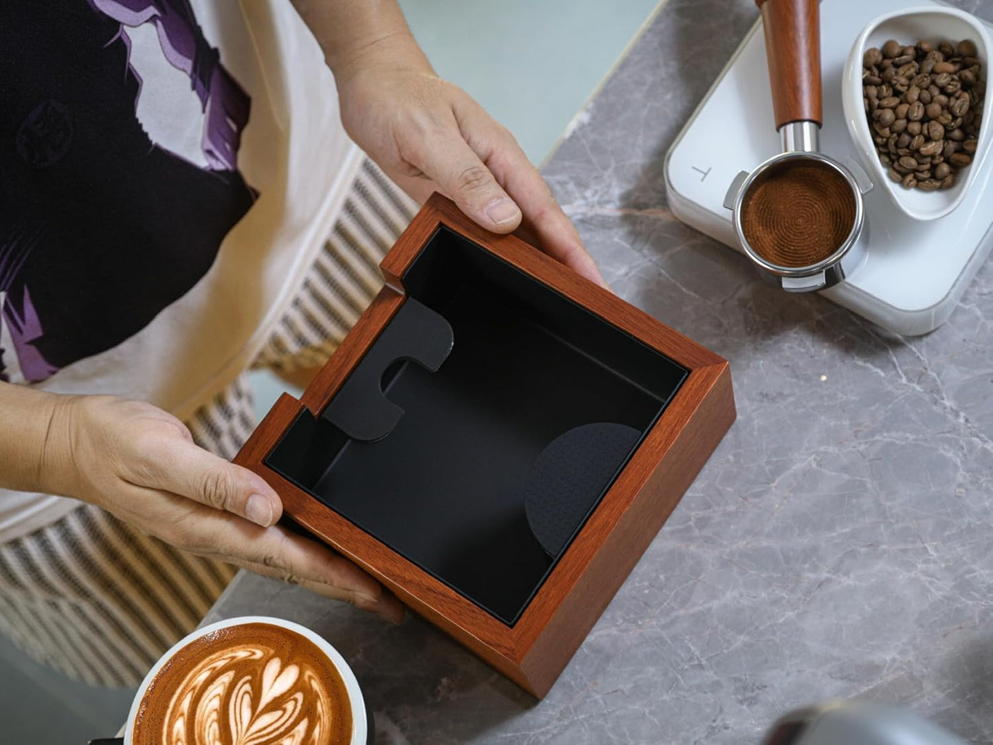 Rosewood Espresso Workstation – Wooden Tamping Station Organizer 54mm & Coffee Knock Box Kit | Barista Tool Holder & Coffee Puck Disposal Bin for Breville Machines