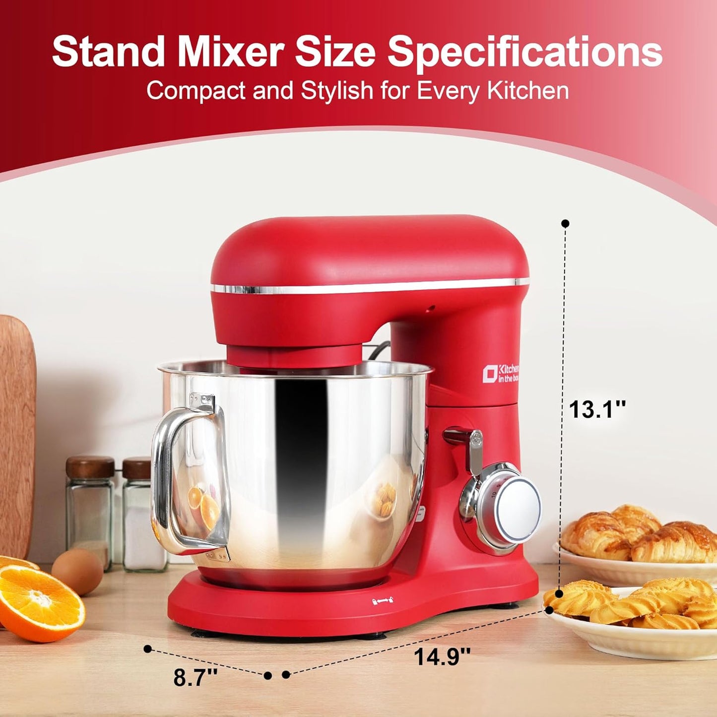 Kitchen in the box 7QT 900W 10-Speed Stand Mixer, Tilt-Head Kitchen Electric Mixer with Dough Hook, Whisk & Flat Beater(Red)