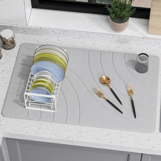 Large Stone Drying Mat for Kitchen Counter, 24" ¡¿ 16" Diatomite Dish Drying Mat, Quick Dry Stone Mats, Ultra Absorbent Natural Diatomaceous Earth Mats for Dished, Bottles, Grey