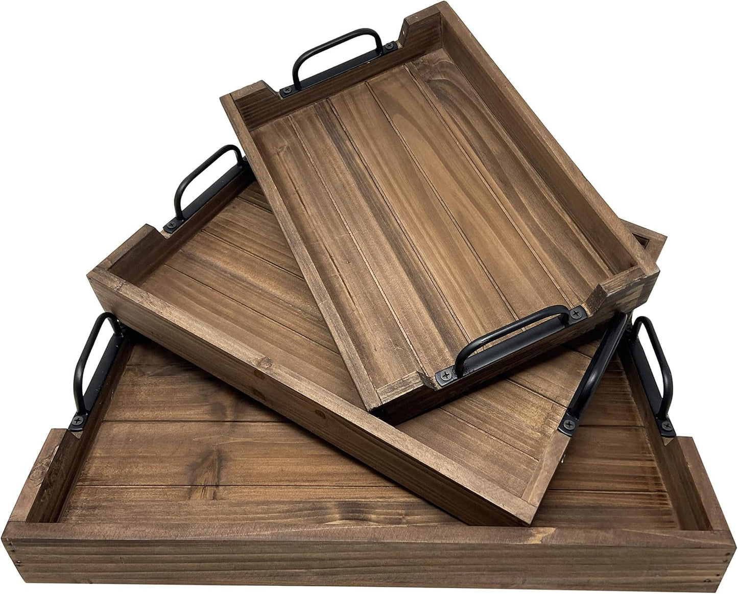 3 Piece Decorative Nested Vintage Wood Serving Tray Set for Coffee Table or Ottoman ? Rustic Wooden Breakfast Trays for Kitchen, Dining Room, or Living Room ? Farmhouse Platter w/Handles ? Brown