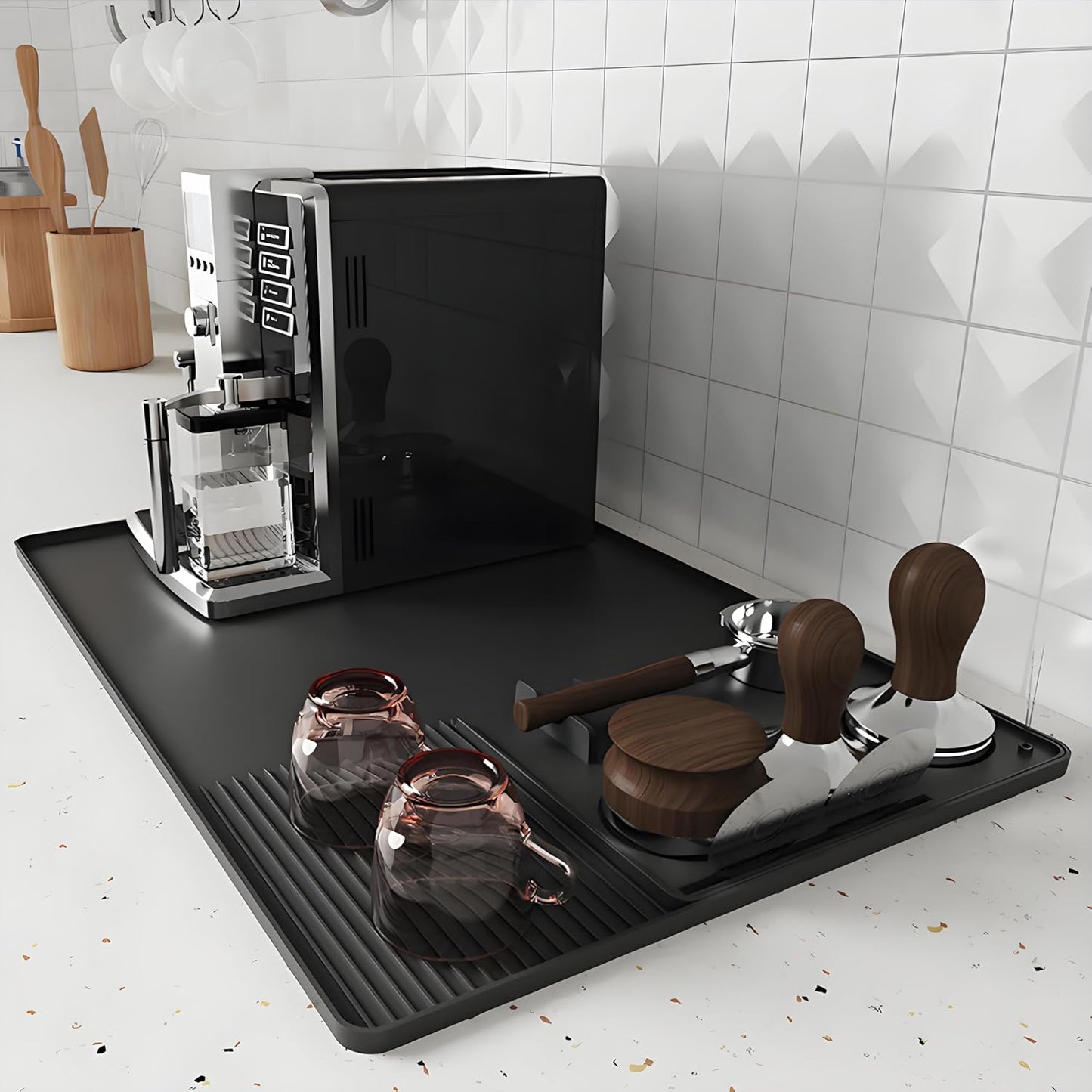 Silicone Coffee Mat with a removable tamper mat,15.7"x23.5"Coffee Bar Mat for Countertops,Fit Under Espresso Machine,Dish Drying Racks-Black