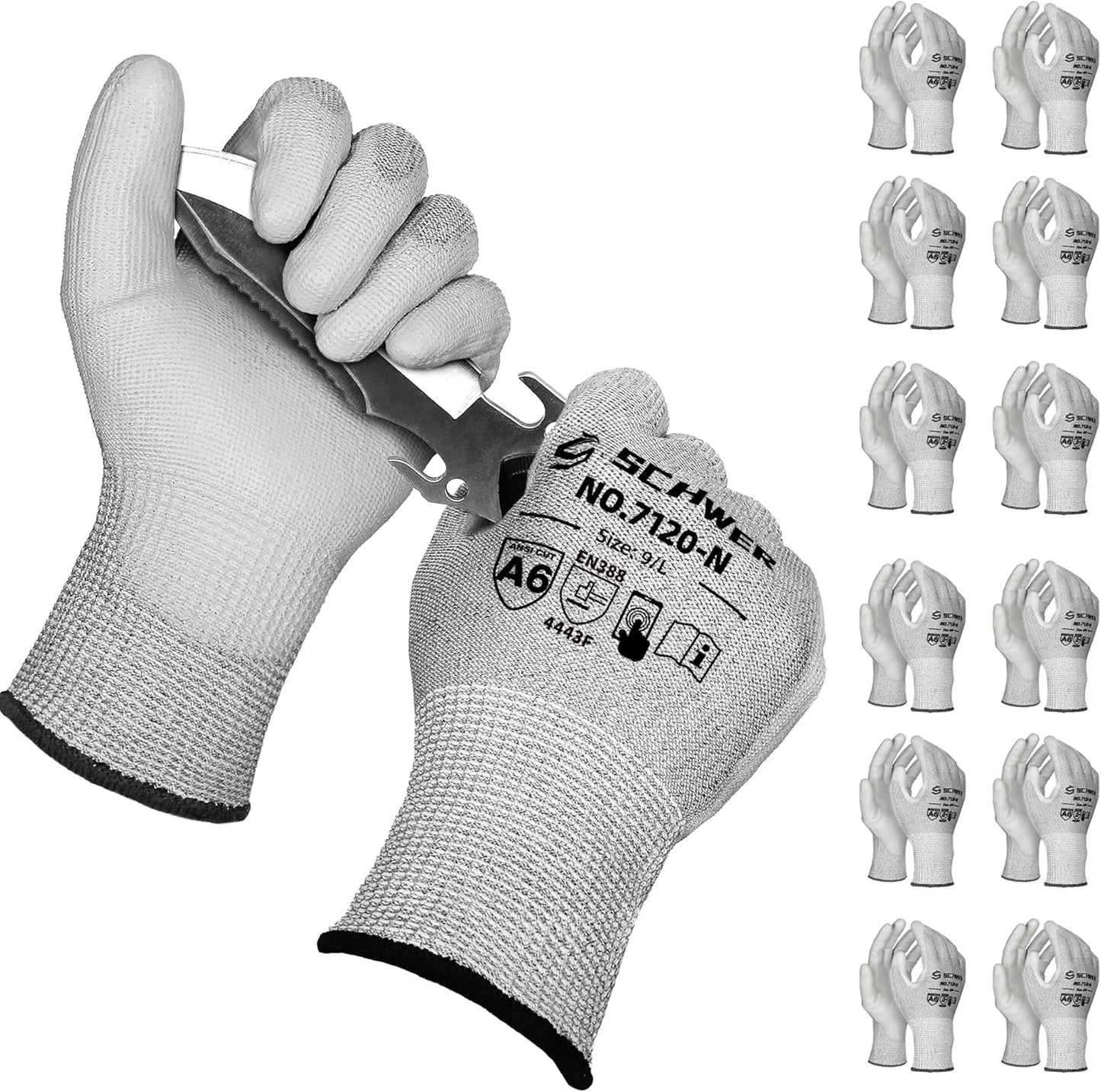 Schwer 12 Pairs ANSI A6 Cut Resistant Gloves CR7120 Cut Proof Work Gloves, Touchscreen, for Men and Women Used for Woodworking, Glass Cutting, Construction, Cargo Handling, Car Repair, L
