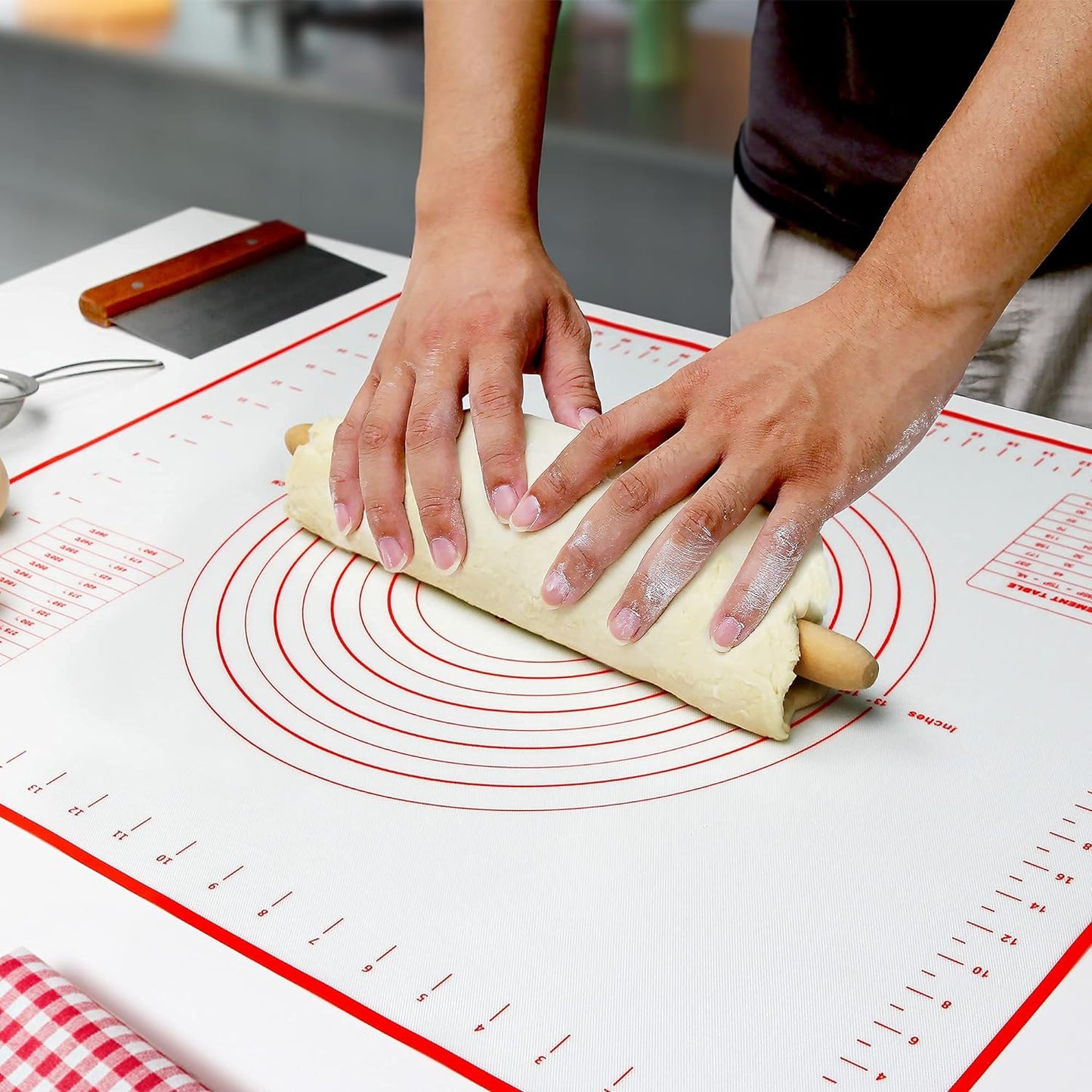 Silicone Pastry Baking Mat with Measurements Extra a Brush and a Dough Scraper- 27.5” x 20” Heat Resistant, BPA Free, Non-Stick Non-Slip Pastry Mat for Rolling Dough, Easy to Clean, Red