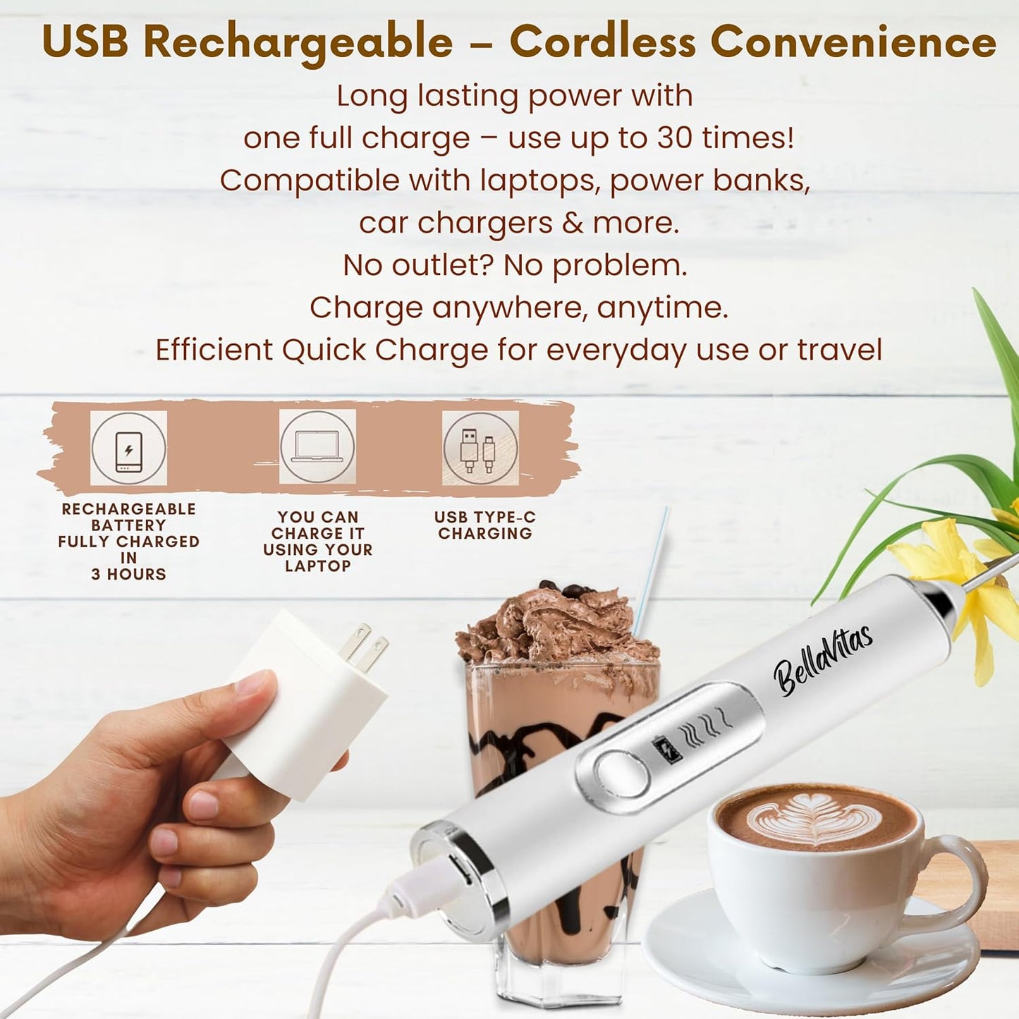Milk Frother Handheld Rechargeable 3-Speed Electric Frother Wand Whisk Foam Maker Drink Mixer with Stand, 2 Whisks, Spice Shaker, Art Stencils, Art Pen for Coffee Latte, Cappuccino, White