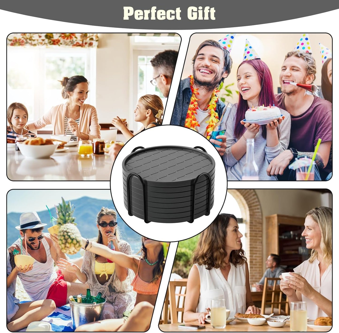 Coasters Set of 8,Hot or Cold Drink Coasters with Holder,Modern Style Coffee Table Coaster,Suitable for Kinds Cups Beer,Drink,Anti-Overflow Tabletop Protection(Gray, 8pcs)