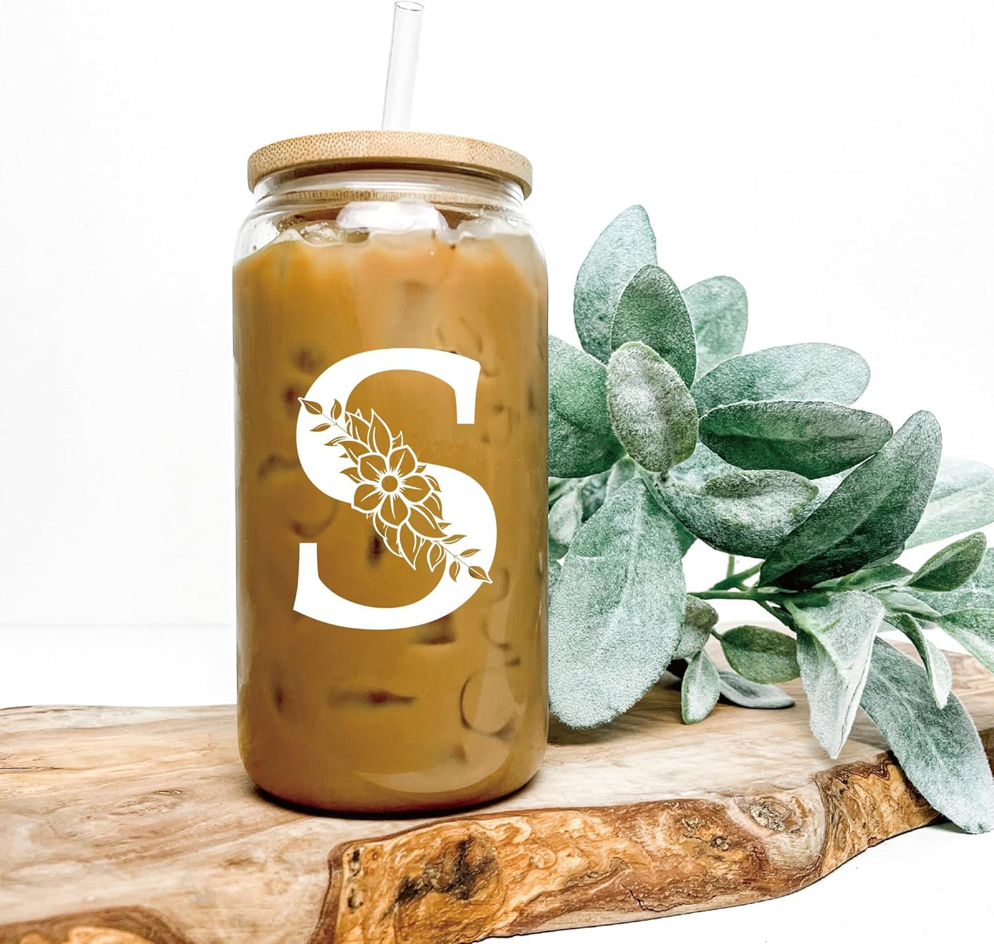 Personalized Gifts for Women, Monogrammed Glass Cups with Lids and Straws, Custom Tumbler, Cute Customized Mug, Aesthetic Stuff, Initial Iced Coffee Cup, Drinking Glasses, Birthday Teacher Gifts, B