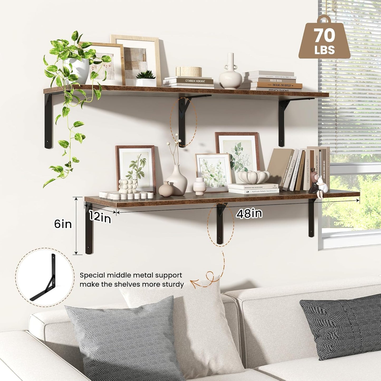 Fun Memories Rustic Brown 12 Inch Deep Floating Shelves Set of 2, Wall Mounted Shelf with Metal Brackets, Rustic Wood Wall Shelf for Bathroom, Kitchen and Living Room