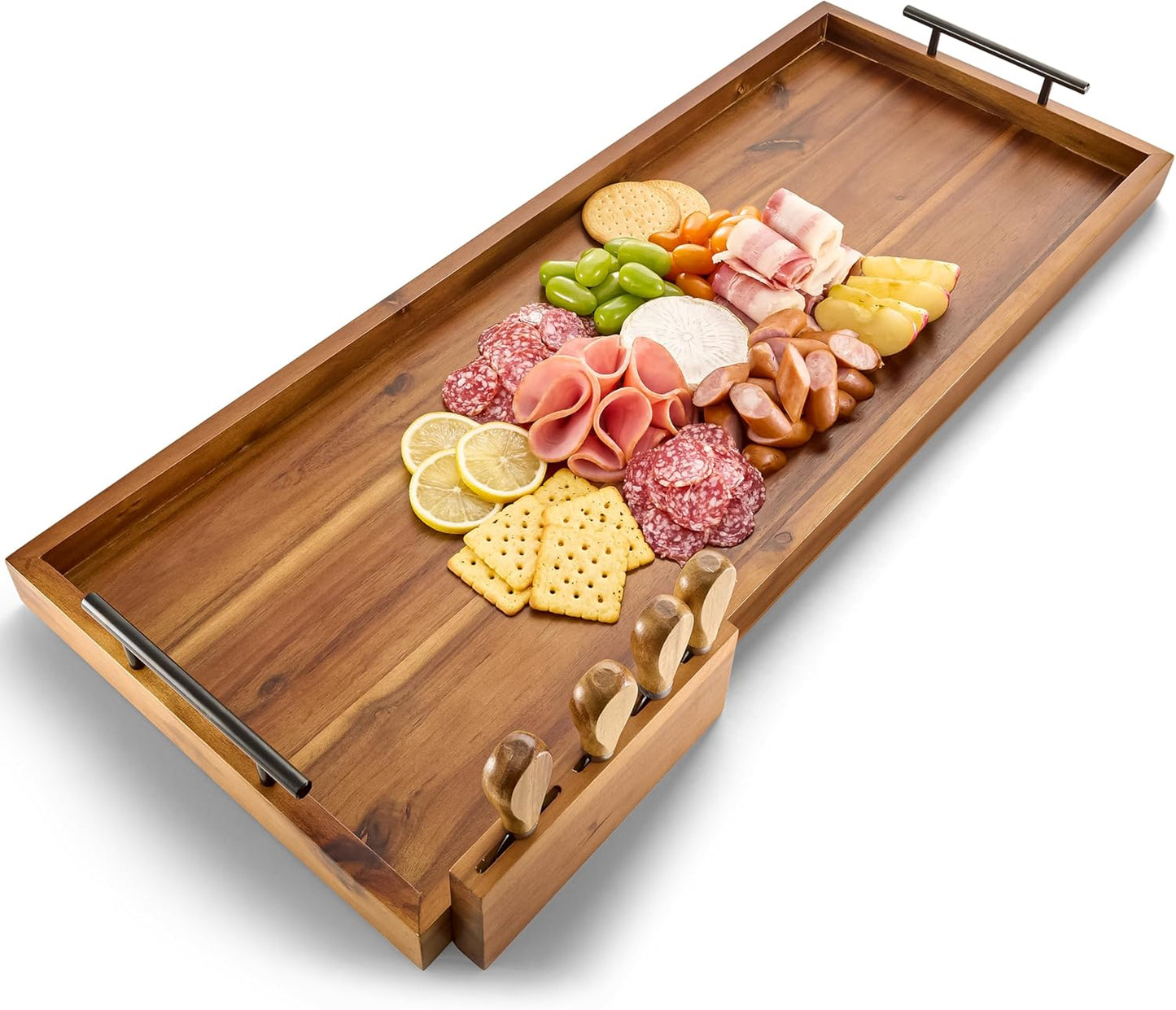 Acacia 30 Inch Large Charcuterie Boards for Party with Cheese Knife Set of 4 – Acacia Wood Serving Tray with Handles, Long Charcuterie Board, Wooden Cheese Board
