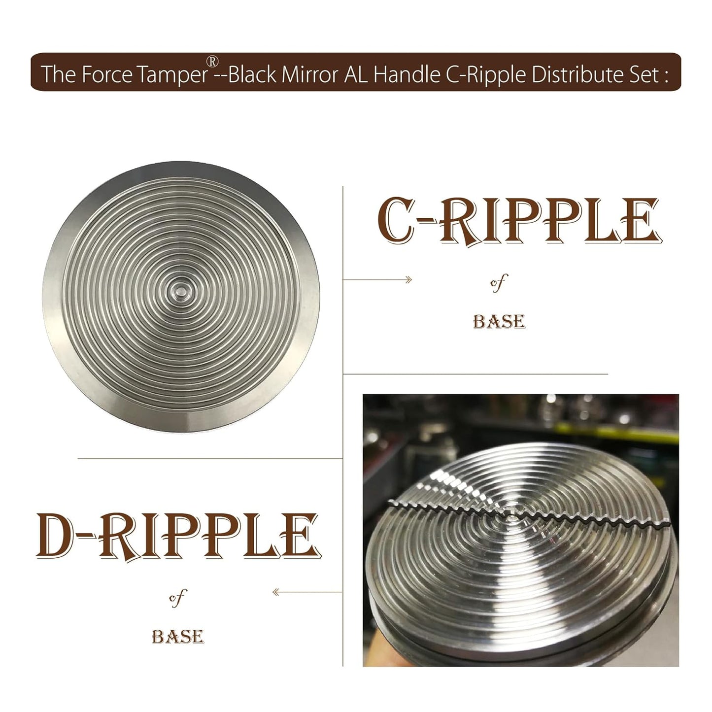 The Force Tamper Automatic Impact Adjustable Constant Pressure and Autoleveling Coffee Tamper Black Mirror Jellyfish AL Handle Set Pro (C-Ripple Distribute Set, 58.35mm)