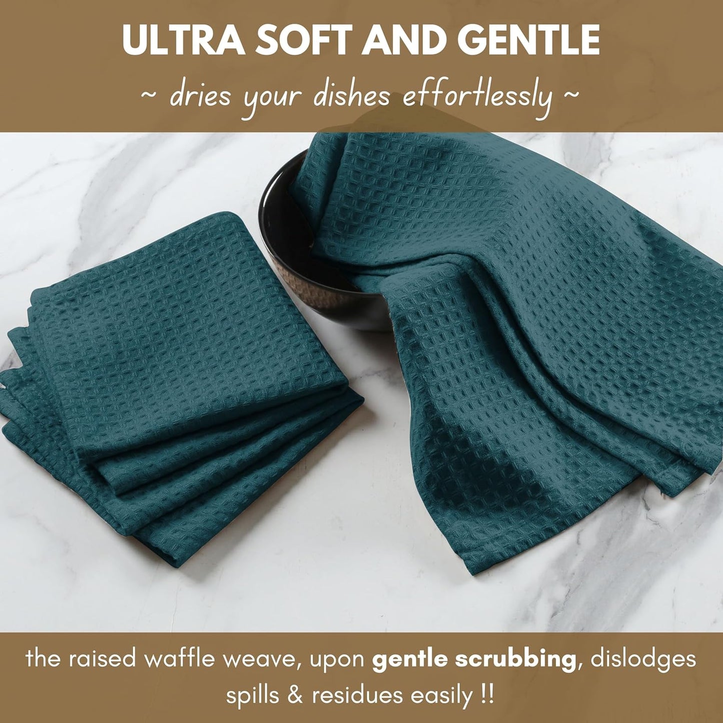 Native Fab Waffle 18 Pack Dish Cloths - Cotton, 12x12 inches, Absorbent, Quick Drying, Washable Towels for Cleaning, Cooking & Baking - Ideal for Home, Restaurants, Bars & Multi Use - Teal Green