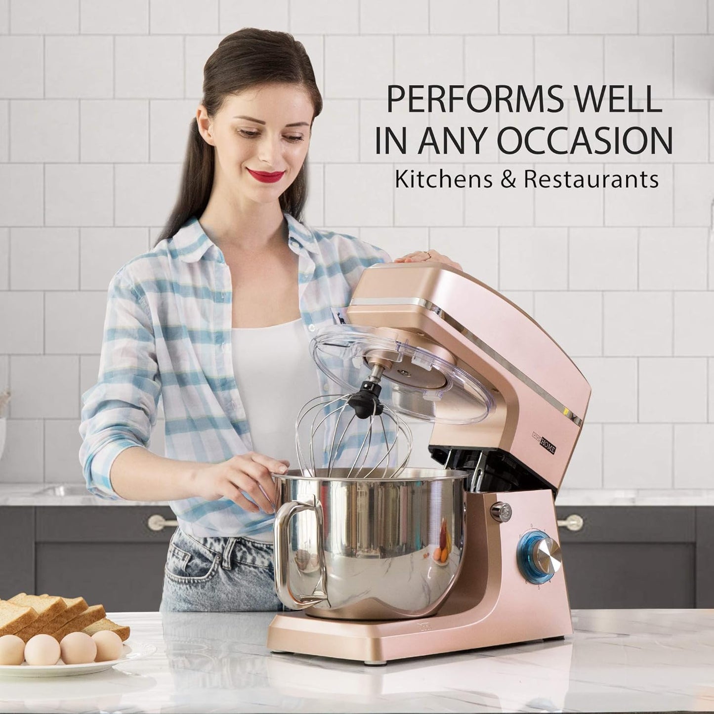 VIVOHOME 7.5 Quart Stand Mixer, 660W 6-Speed Tilt-Head Kitchen Electric Food Mixer with Beater, Dough Hook, Wire Whip, and Egg Separator, Champagne
