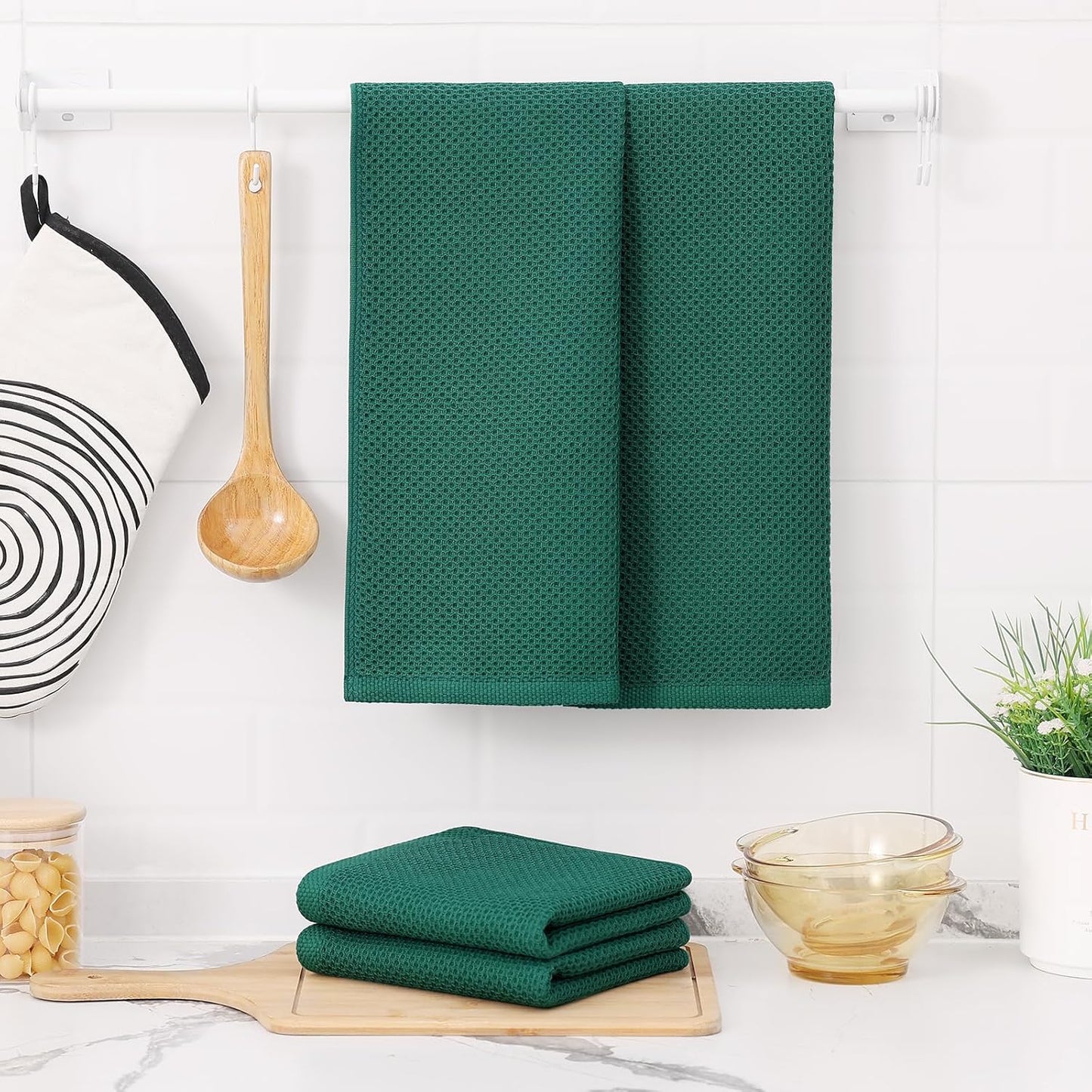 Kitinjoy 100% Cotton Waffle Weave Kitchen Towels, 6-Pack Super Soft and Absorbent Dish Towels for Drying Dishes, Kitchen Hand Towels, 13 in x 28 in, Dark Green