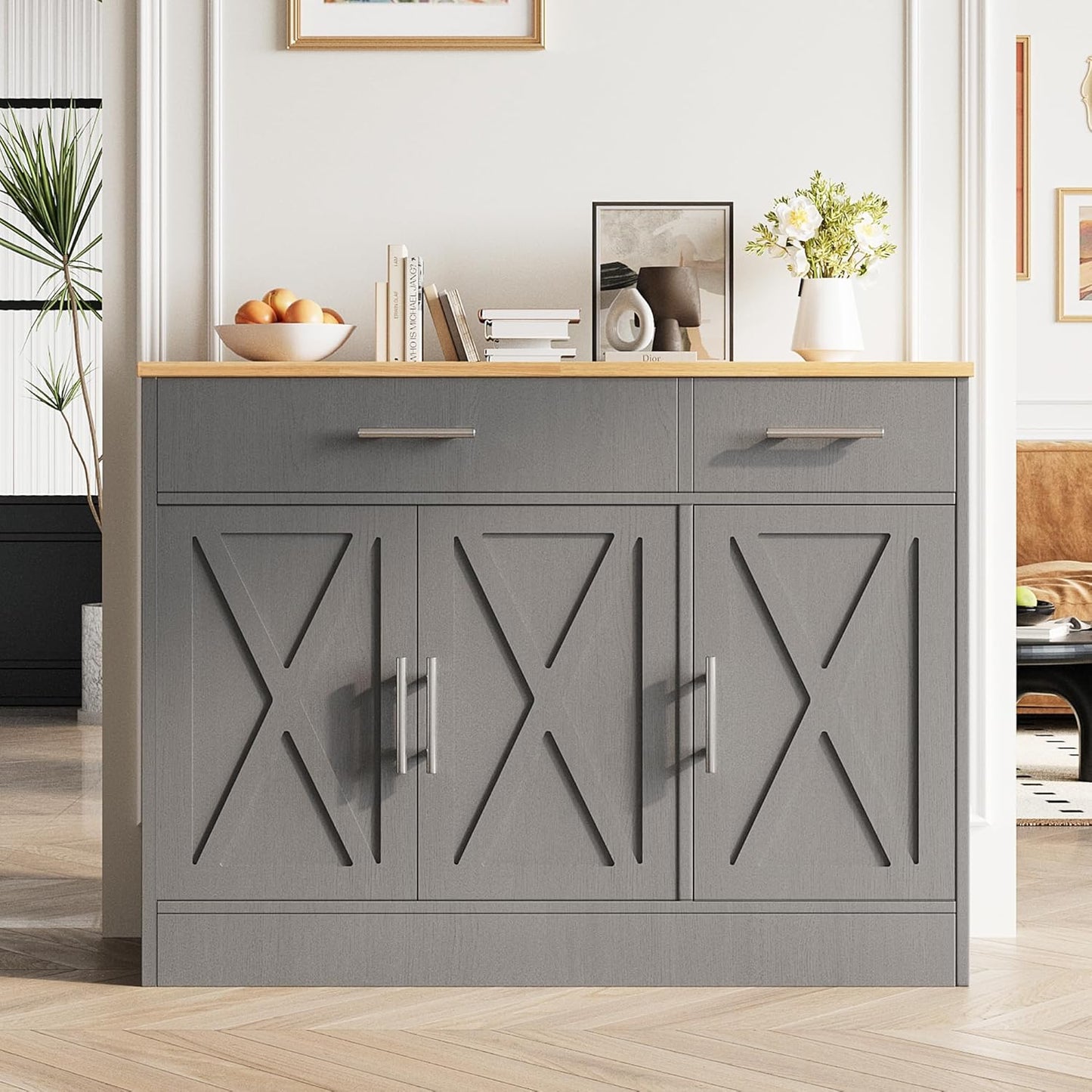 Vongrasig Sideboard Buffet Cabinet with Storage, 43” Farmhouse Coffee Bar Storage Cabinet with Drawers and Shelves, Modern Buffet Table for Kitchen, Dining Room, Grey