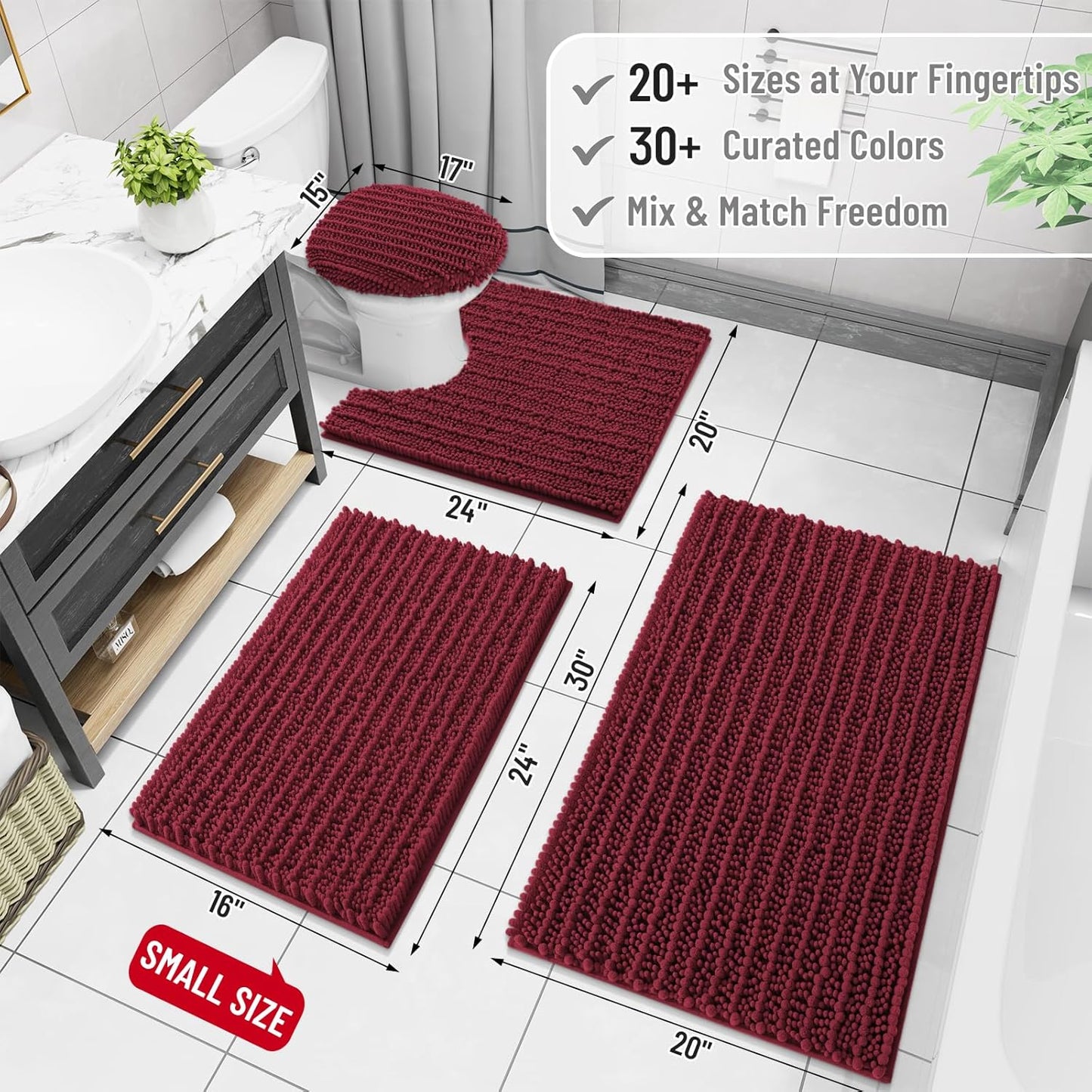 Arotive Luxury Chenille Bathroom Rug Mat, Extra Soft Thick Absorbent Shaggy Bath Rugs, Non-Slip Machine Wash Dry, Plush Bath Mats for Bathroom, Shower and Tub, 30x17, Burgundy