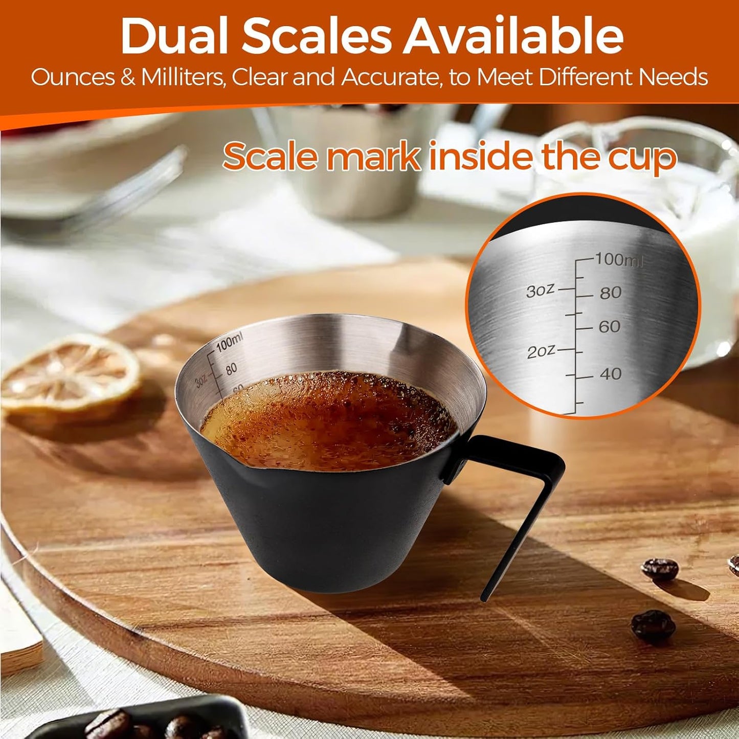 YARRAMATE 2Pcs Stainless Steel Espresso Shot Cup, Double Spout Metal Espresso Measuring Cup with V-Shaped Mouth, Espresso Accessories, 3.4OZ/100ML (Black)