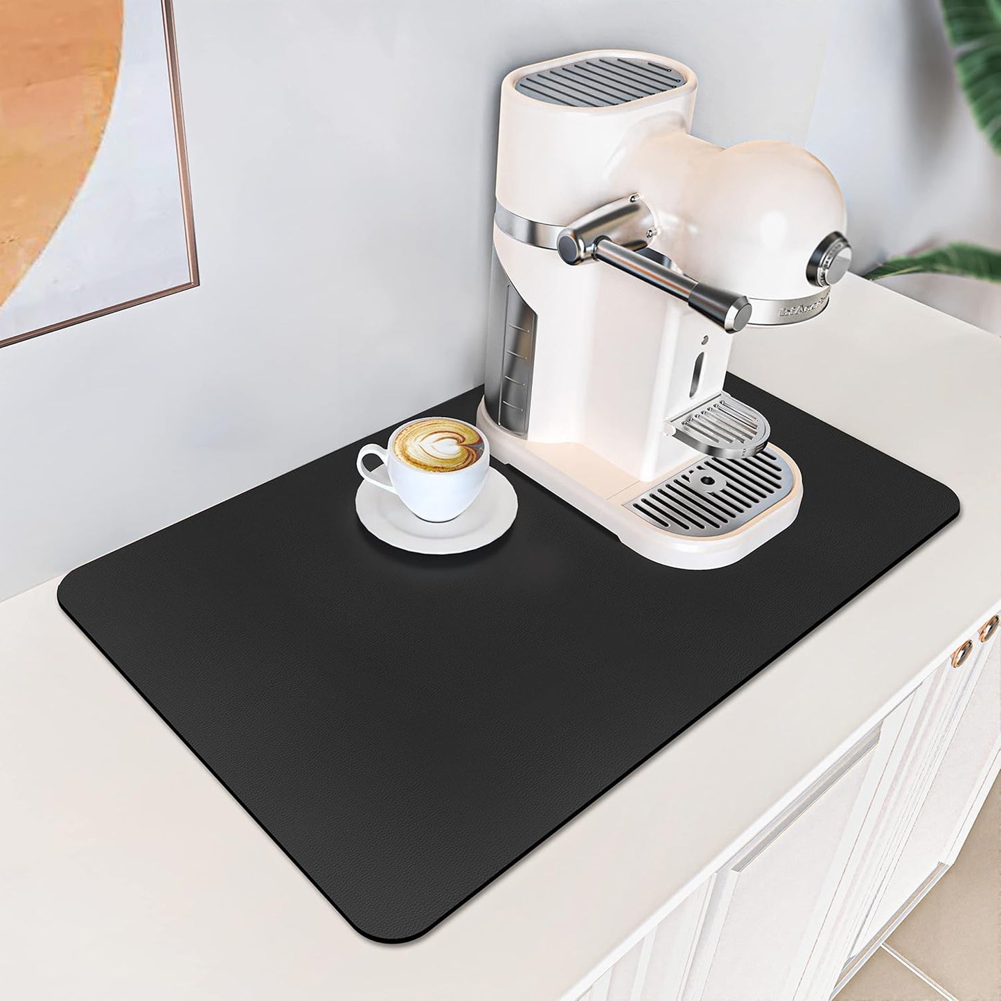 PoYang 17"x12" Coffee Mat Small, Coffee Bar Accessories for Countertop, Absorbent Dish Drying Mat, Anti-Slip and Hide Stain Pad for Espresso Machine, Espresso Maker and Kitchen Counter, Black