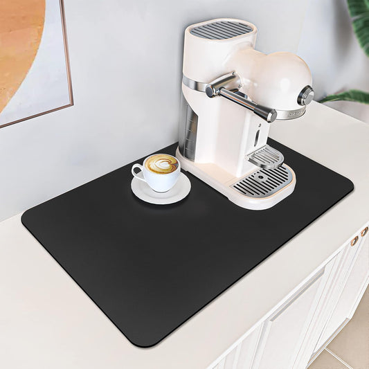 PoYang 17"x12" Coffee Mat Small, Coffee Bar Accessories for Countertop, Absorbent Dish Drying Mat, Anti-Slip and Hide Stain Pad for Espresso Machine, Espresso Maker and Kitchen Counter, Black