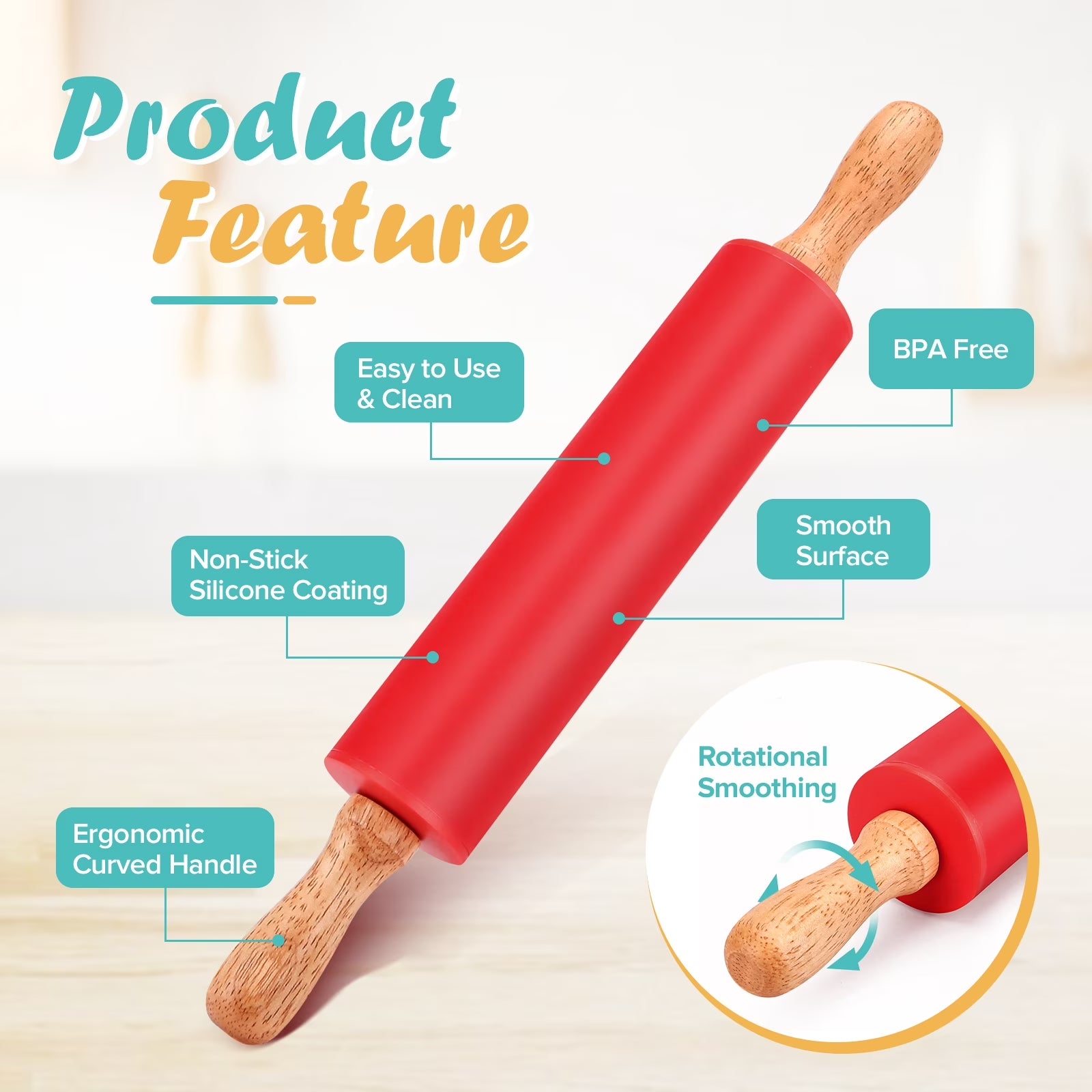 Badiano 2 Pcs Non Stick Wooden Handle 9" 12" Silicone Rolling Pin Sets for Dough Pizza Pastry, Red