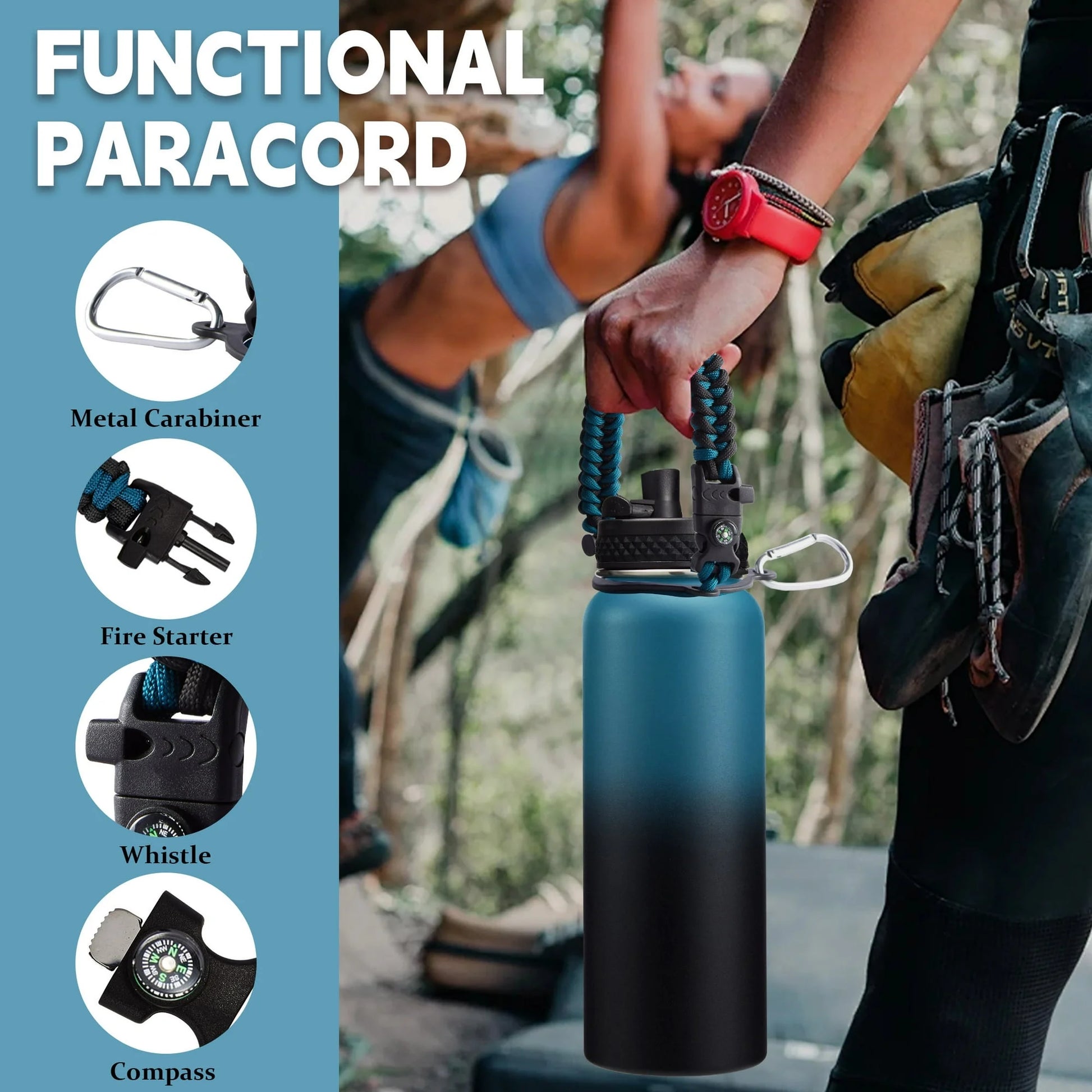 Stainless Steel Sports Water Bottle 40 Oz Insulated Water Jug with Straw & Auto Spout Lid, Paracord Handle, Bottle Sleeve, Cold 48H Hot 24H, Sweat-Proof Tactical Flask