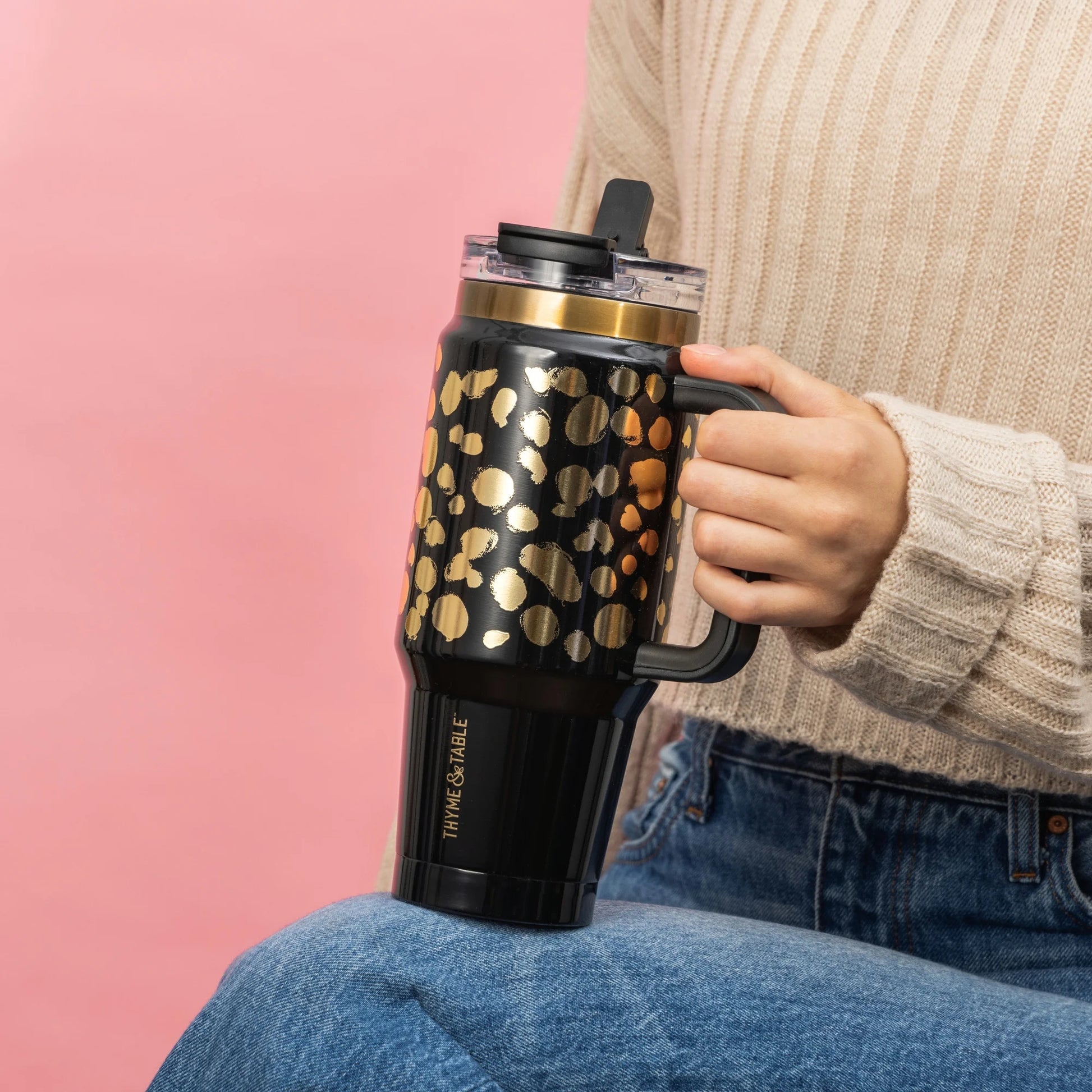 32 Fl Oz Stainless Steel Luna Tumbler with Handle and Dual Straw Lid, Black & Gold Dot