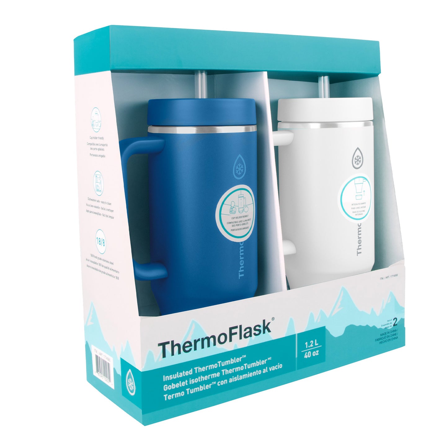 Thermoflask 40 Oz Insulated Stainless Steel Tumbler with Handle and Straw Lid, 2-Pack