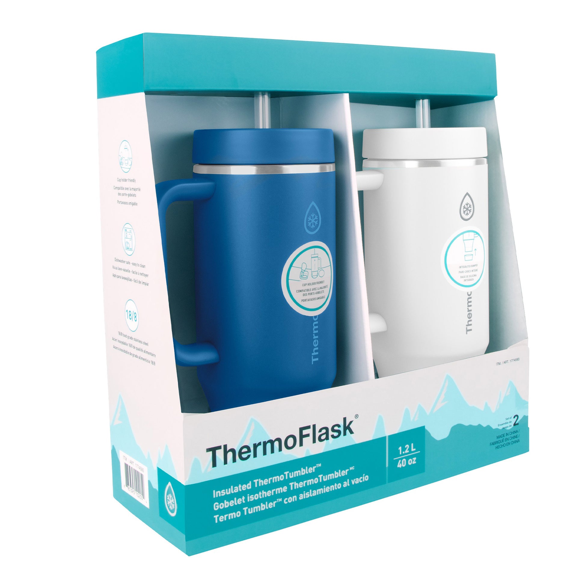 Thermoflask 40 Oz Insulated Stainless Steel Tumbler with Handle and Straw Lid, 2-Pack